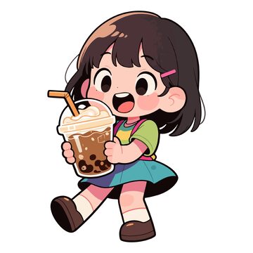 卡通少女奶茶插画素材