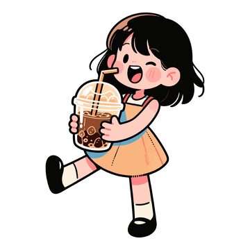 卡通小女孩喝奶茶
