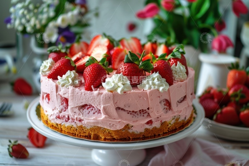 高清大图下载【趣麦麦图】放在桌面的草莓奶油蛋糕