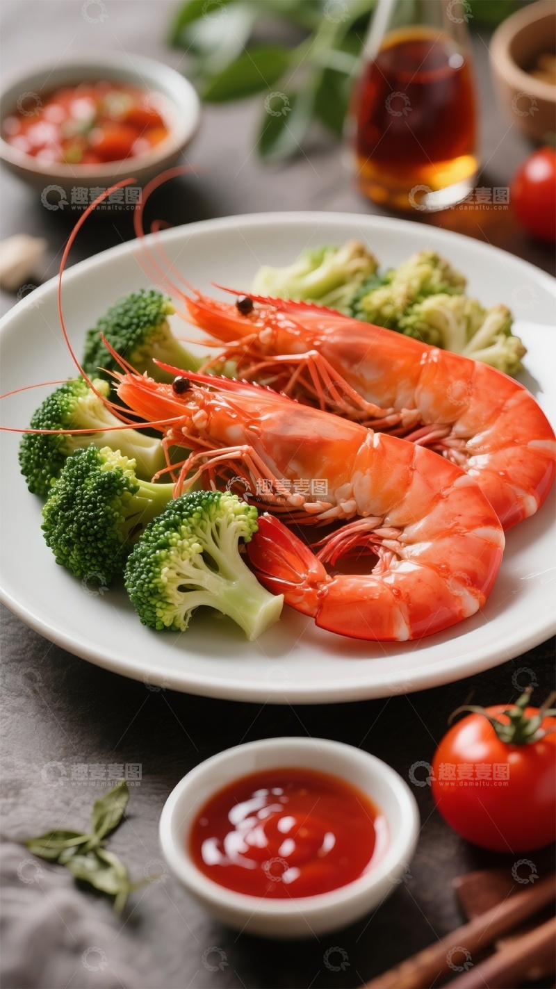 高清大图下载【趣麦麦图】美食摄影虾与西兰花场景
