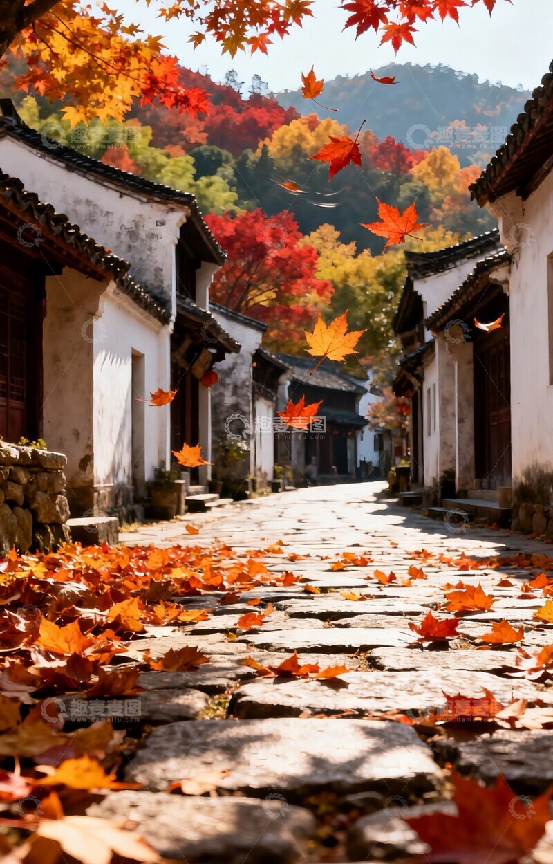 高清大图下载【趣麦麦图】古镇秋韵石板路枫叶飘