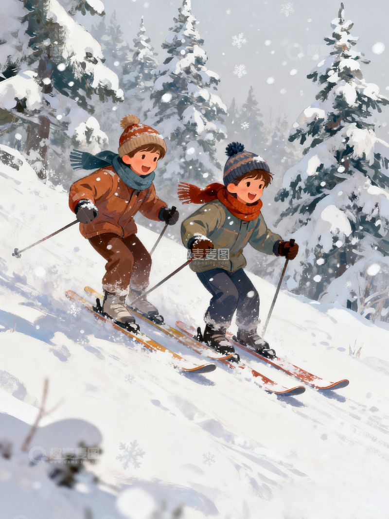 高清大图下载【趣麦麦图】儿童雪地上滑雪插画