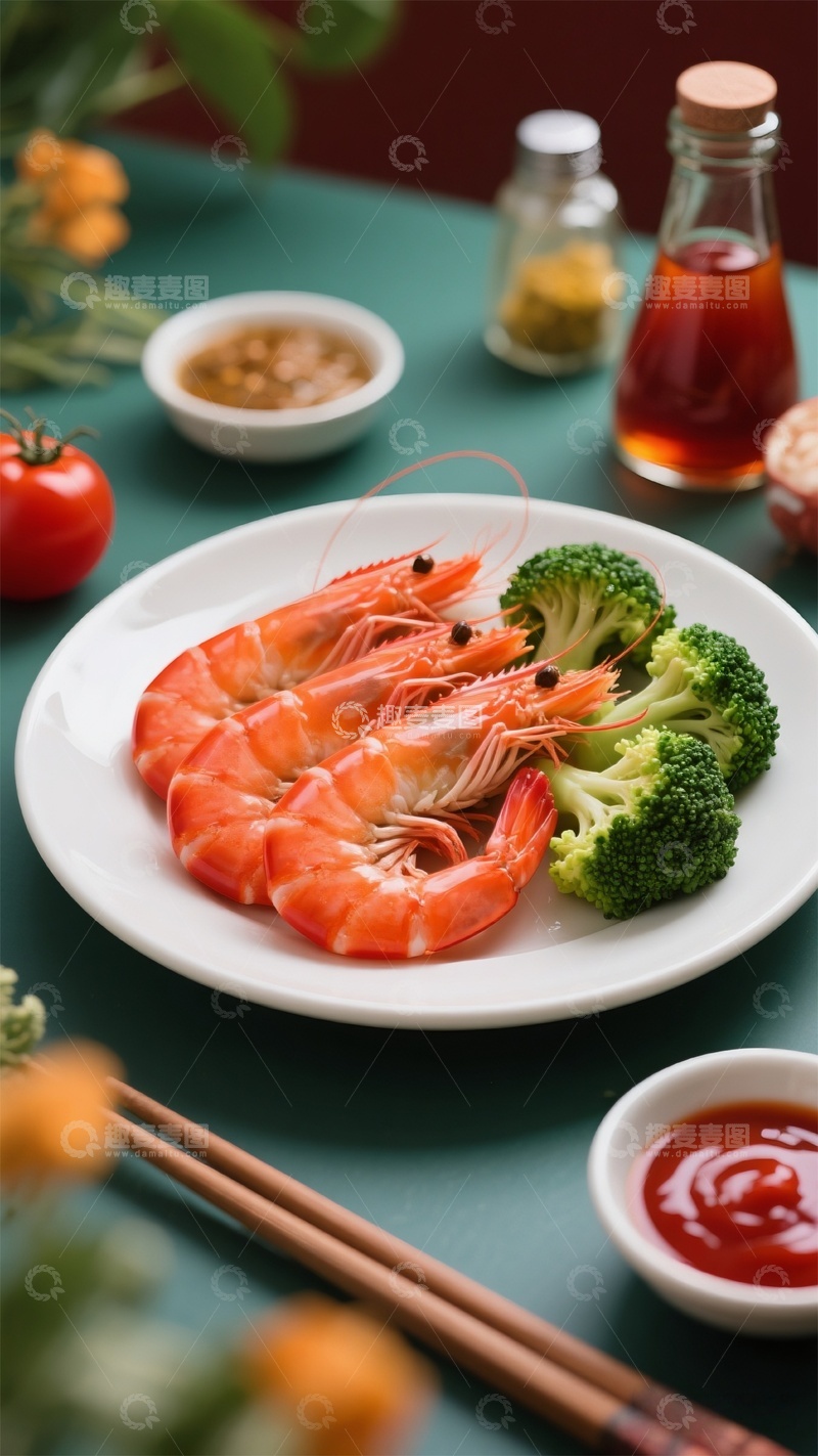 高清大图下载【趣麦麦图】美食摄影虾与西兰花