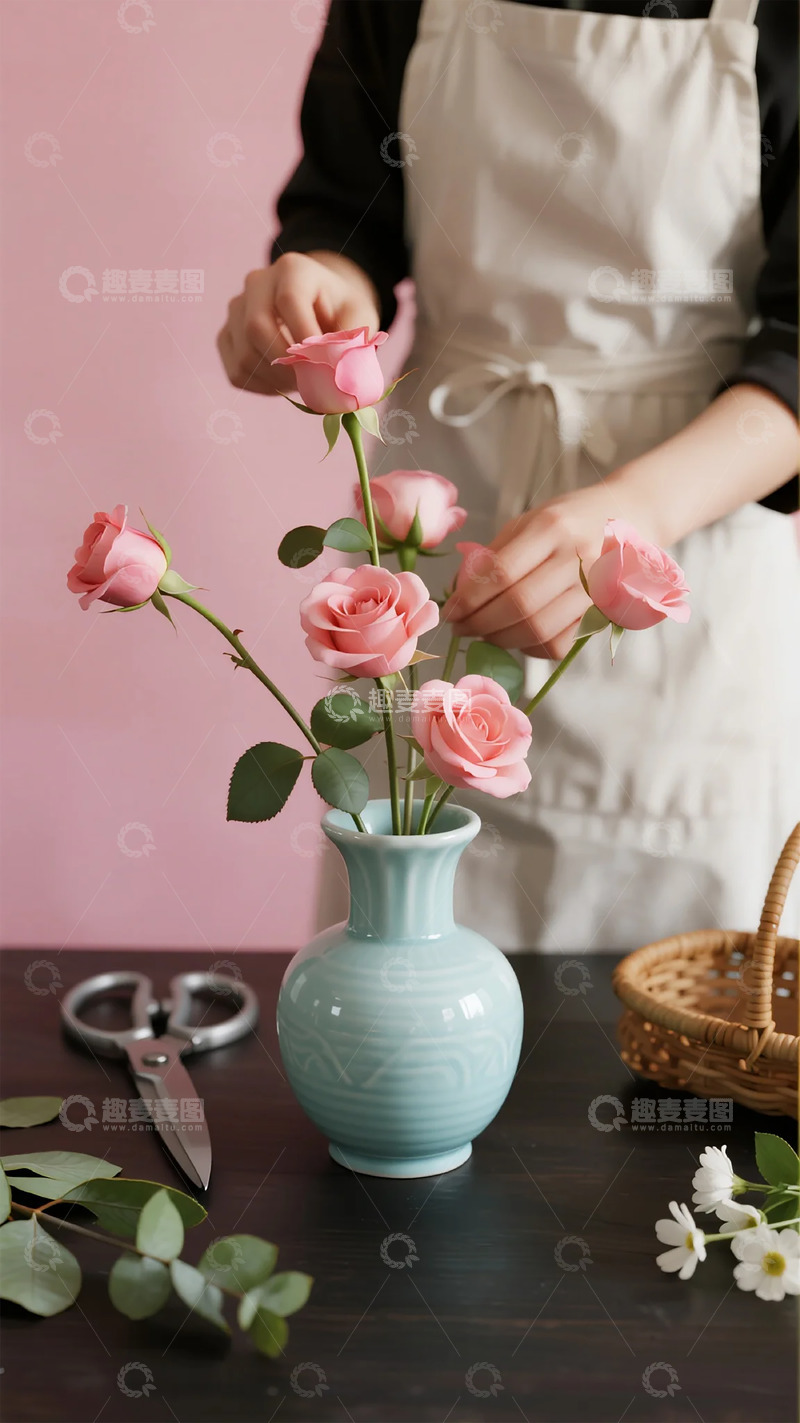 高清大图下载【趣麦麦图】插花艺术粉色玫瑰花瓶