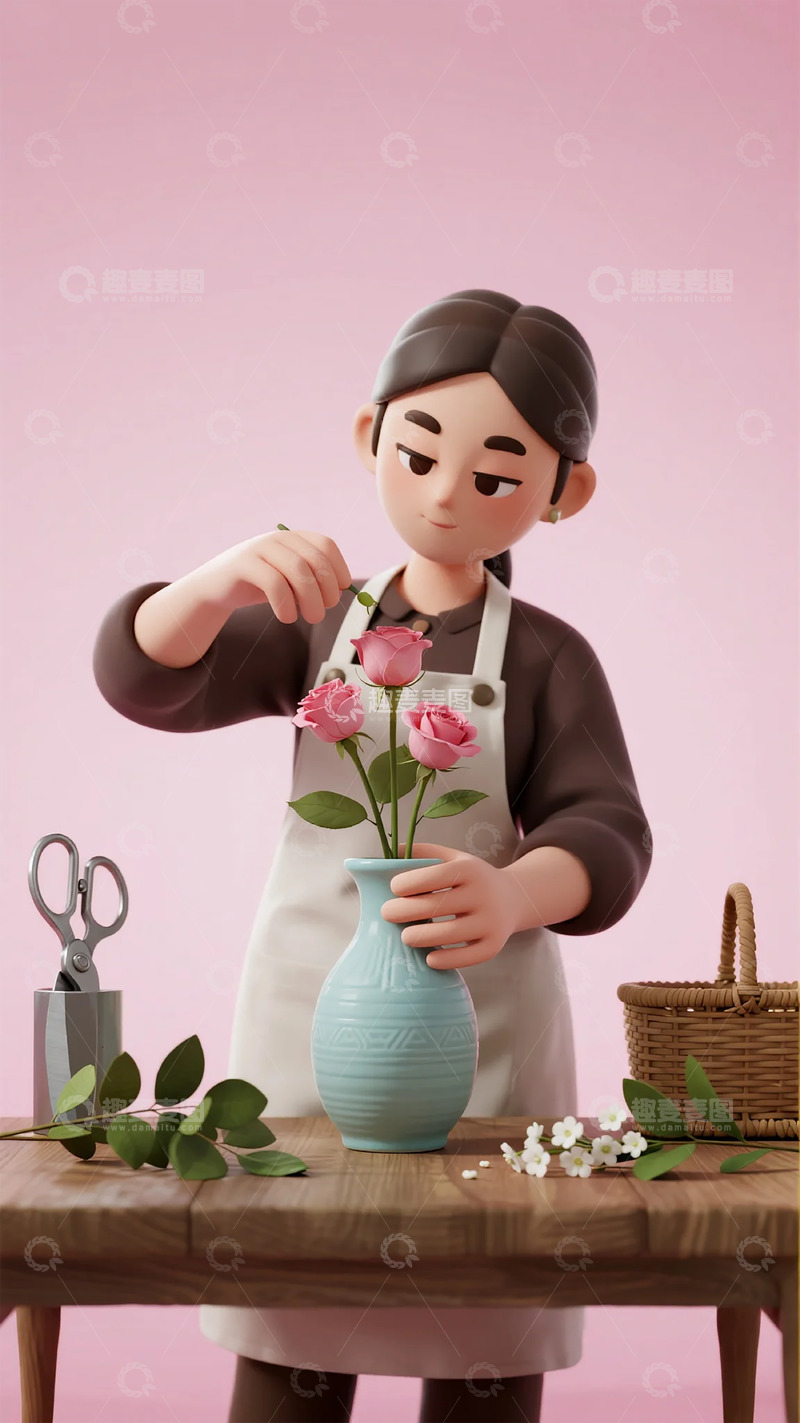 高清大图下载【趣麦麦图】卡通插花艺术插画