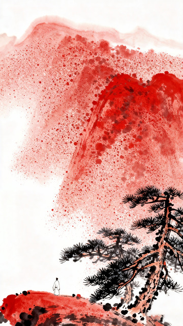 红色渲染东方写意水墨画1