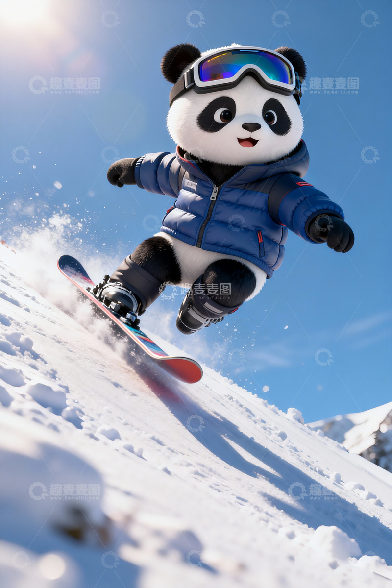 高清大图下载【趣麦麦图】Q版卡通熊猫滑雪