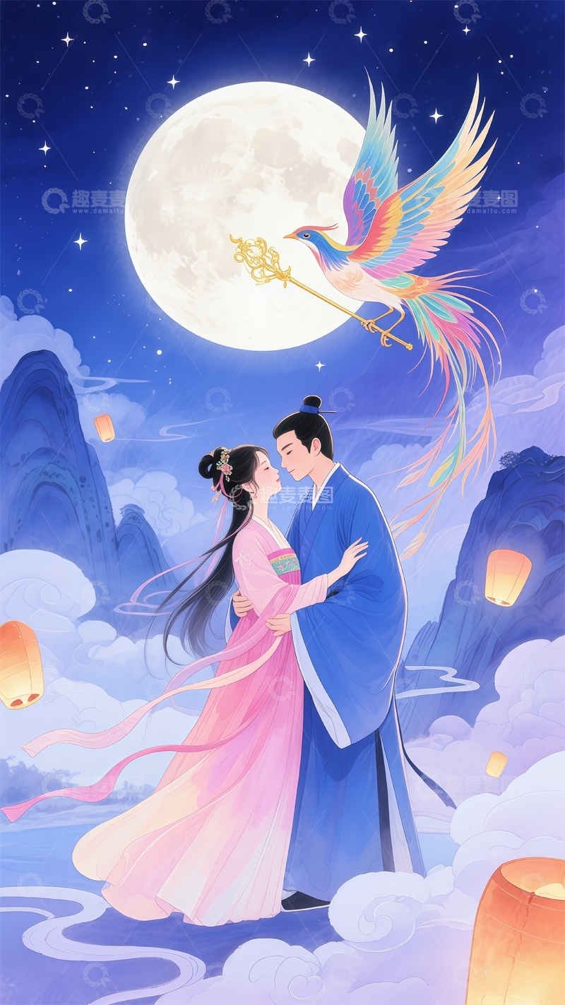 高清大图下载【趣麦麦图】古风七夕浪漫情侣插画
