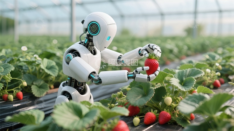高清大图下载【趣麦麦图】-机器人采摘草莓科技农业