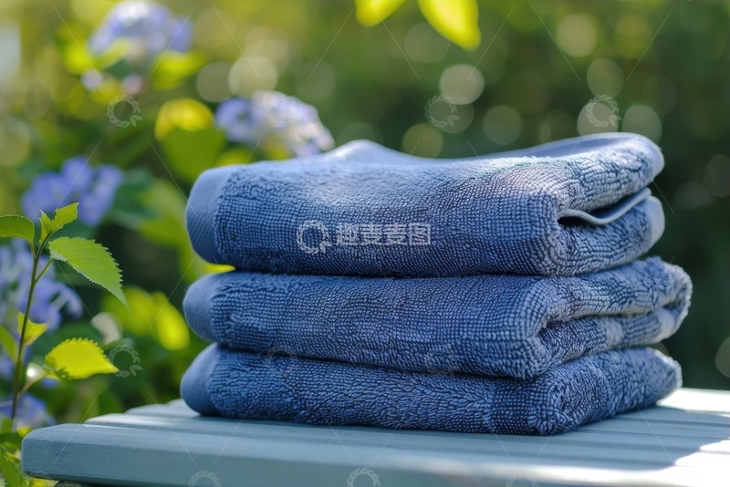 高清大图下载【趣麦麦图】放在桌面的一叠蓝色毛巾