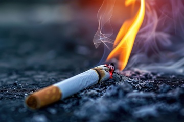 地上燃烧的一只烟头