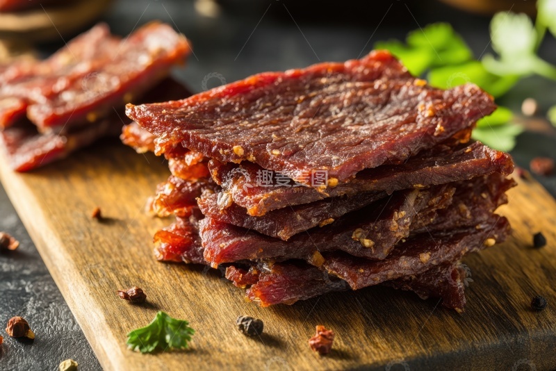 高清大图下载【趣麦麦图】放在木案板上的风干牛肉片