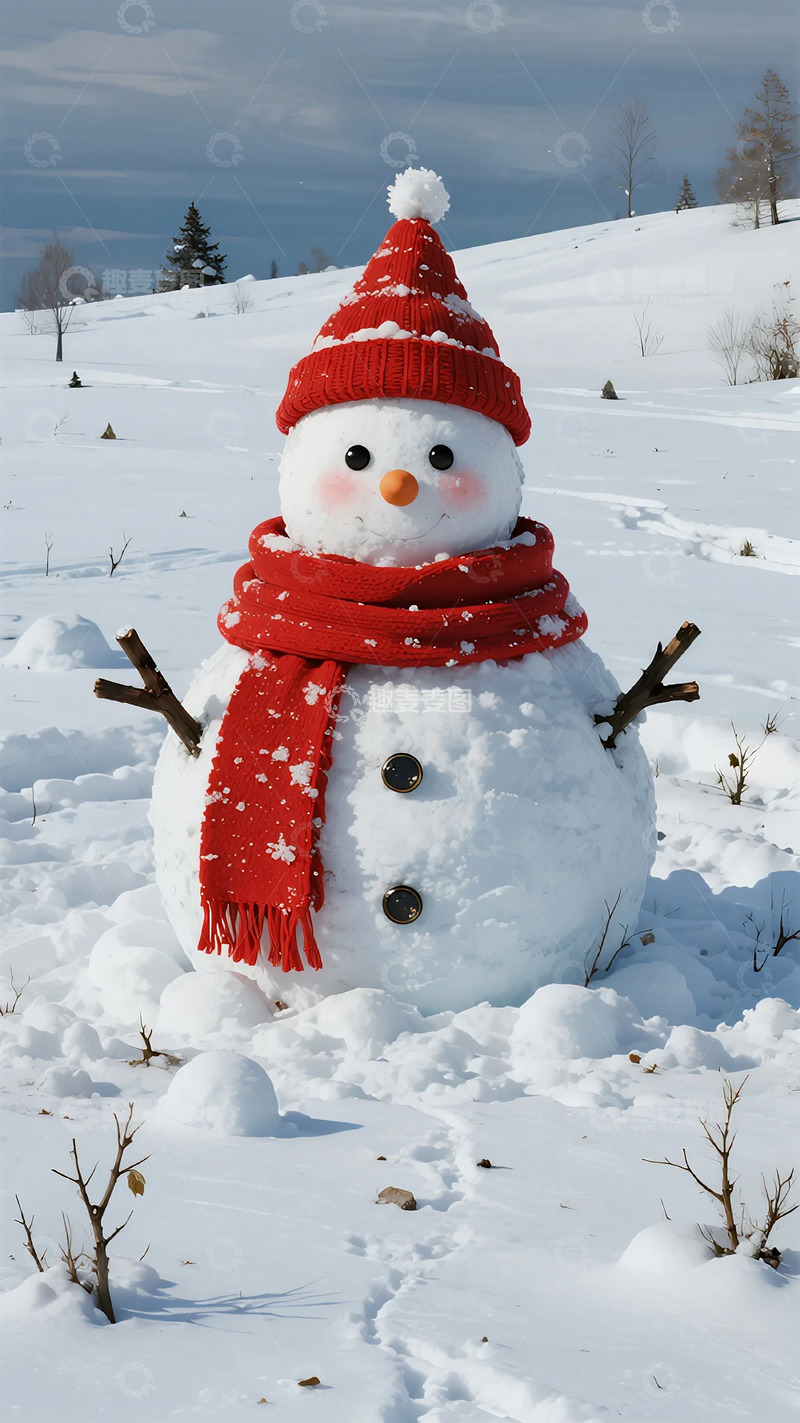 高清大图下载【趣麦麦图】雪人红帽围巾冬日雪景