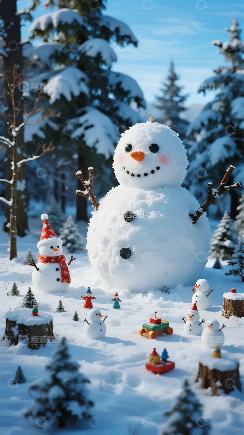 高清大图下载【趣麦麦图】雪人冬日森林卡通场景