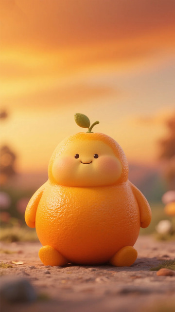 可爱橙子玩偶夕阳背景摄影