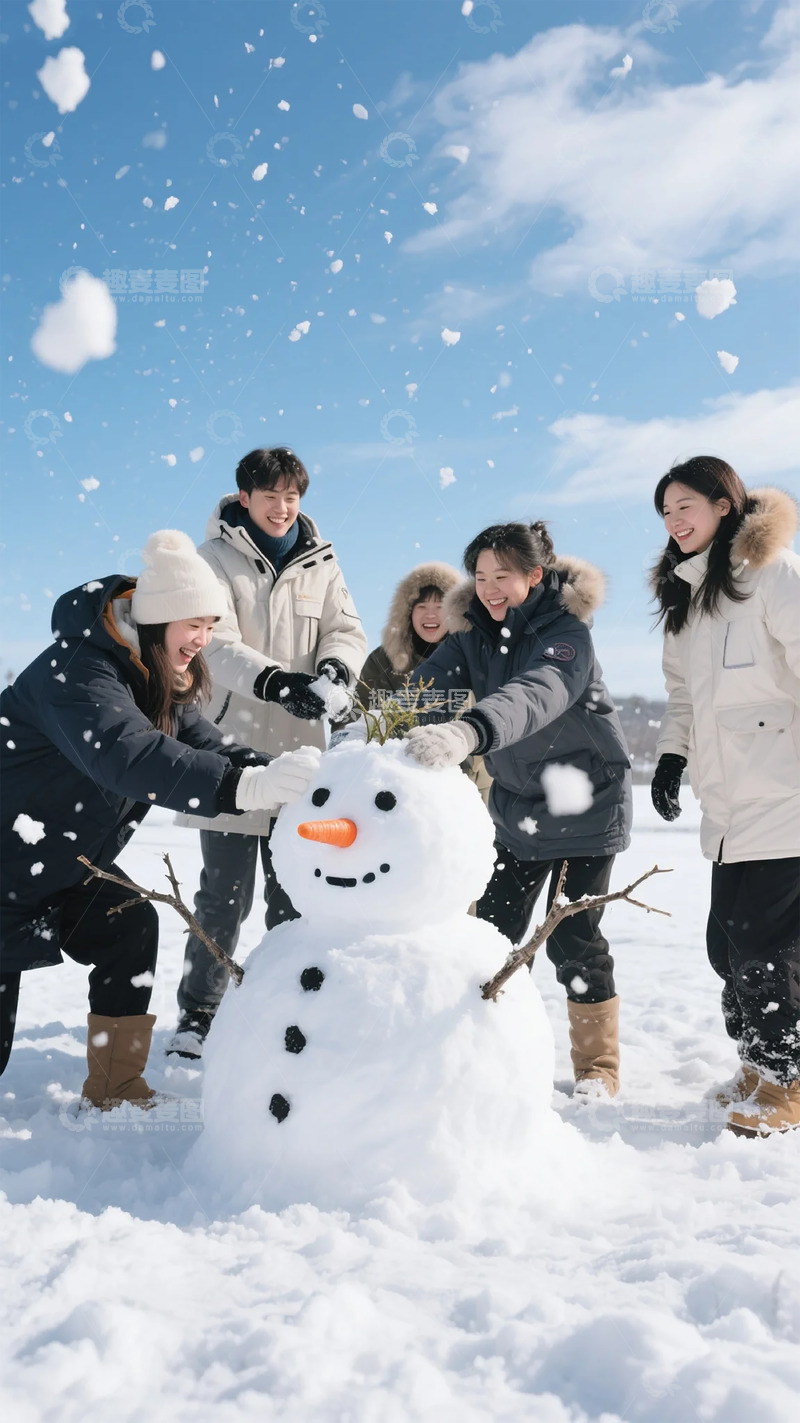 高清大图下载【趣麦麦图】雪地欢乐堆雪人