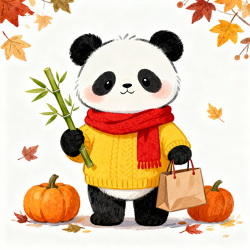 秋日熊猫插画卡通素材