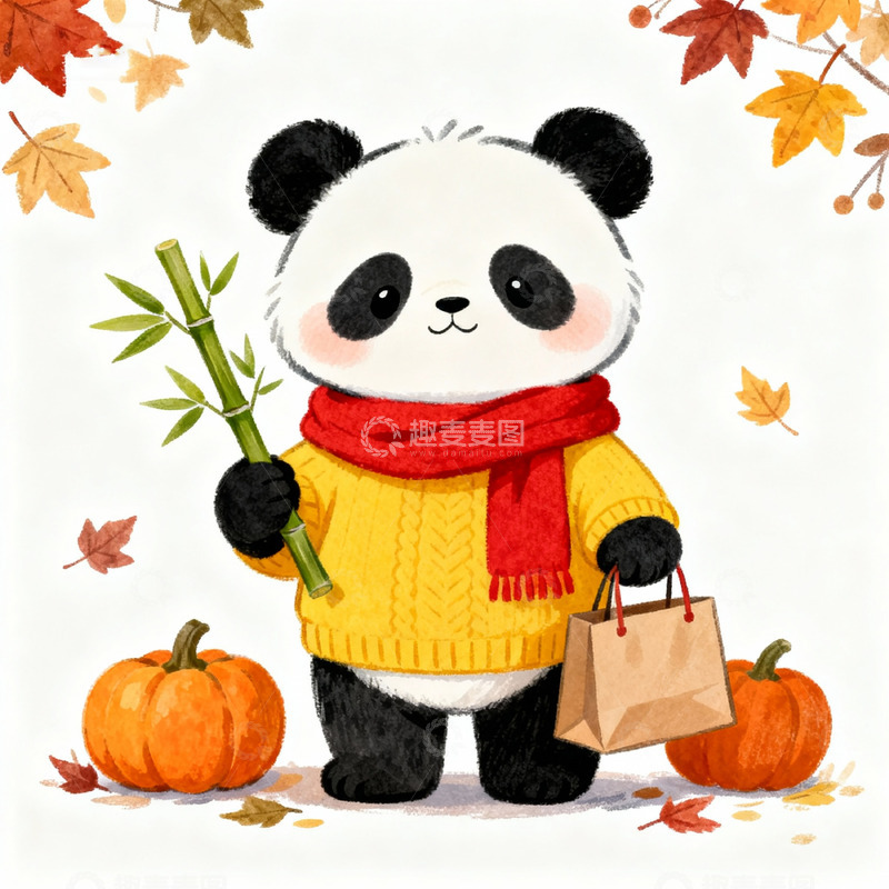 高清大图下载【趣麦麦图】秋日熊猫插画卡通素材