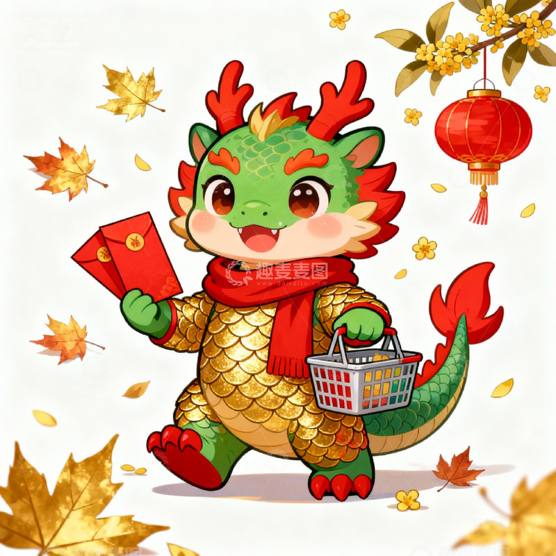 高清大图下载【趣麦麦图】卡通龙年新年购物插画