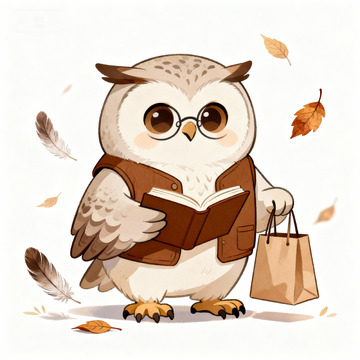 卡通猫头鹰阅读购物插画