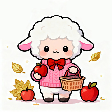 卡通小羊苹果插画
