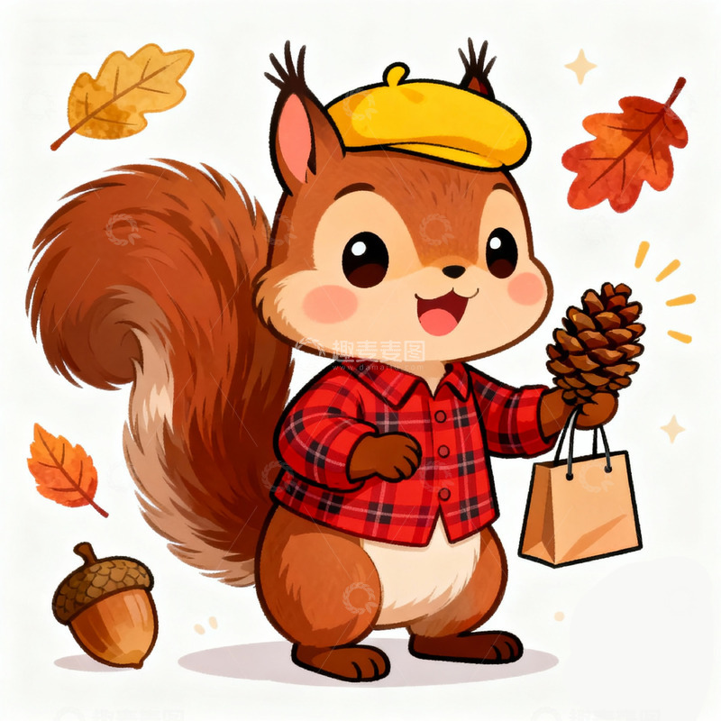 高清大图下载【趣麦麦图】卡通松鼠秋日购物插画