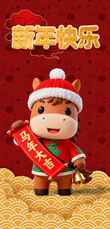 红色喜庆卡通国潮马年新年海报