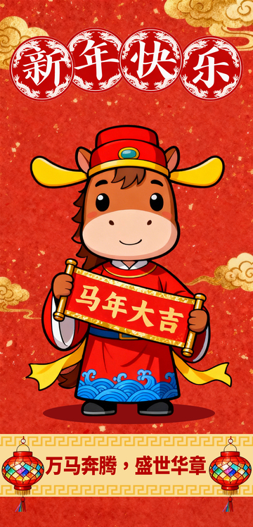 红色喜庆卡通国潮马年新年海报2