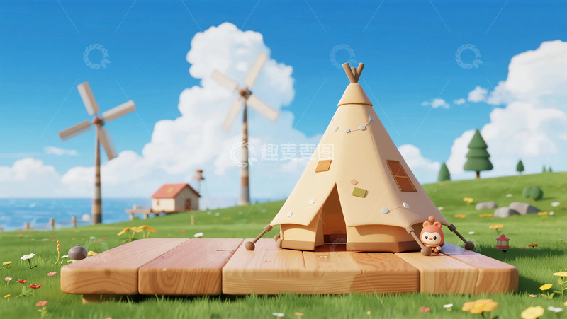 高清大图下载【趣麦麦图】卡通风露营帐篷风景场景