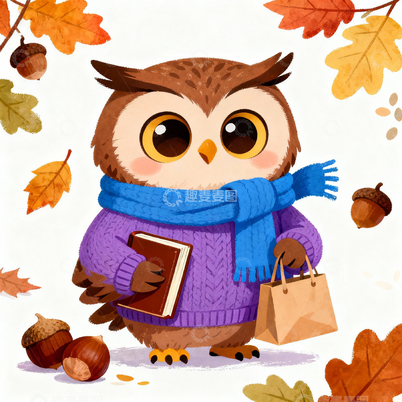 高清大图下载【趣麦麦图】卡通猫头鹰秋日图书购物图