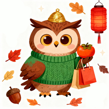 可爱卡通猫头鹰秋日装饰插画