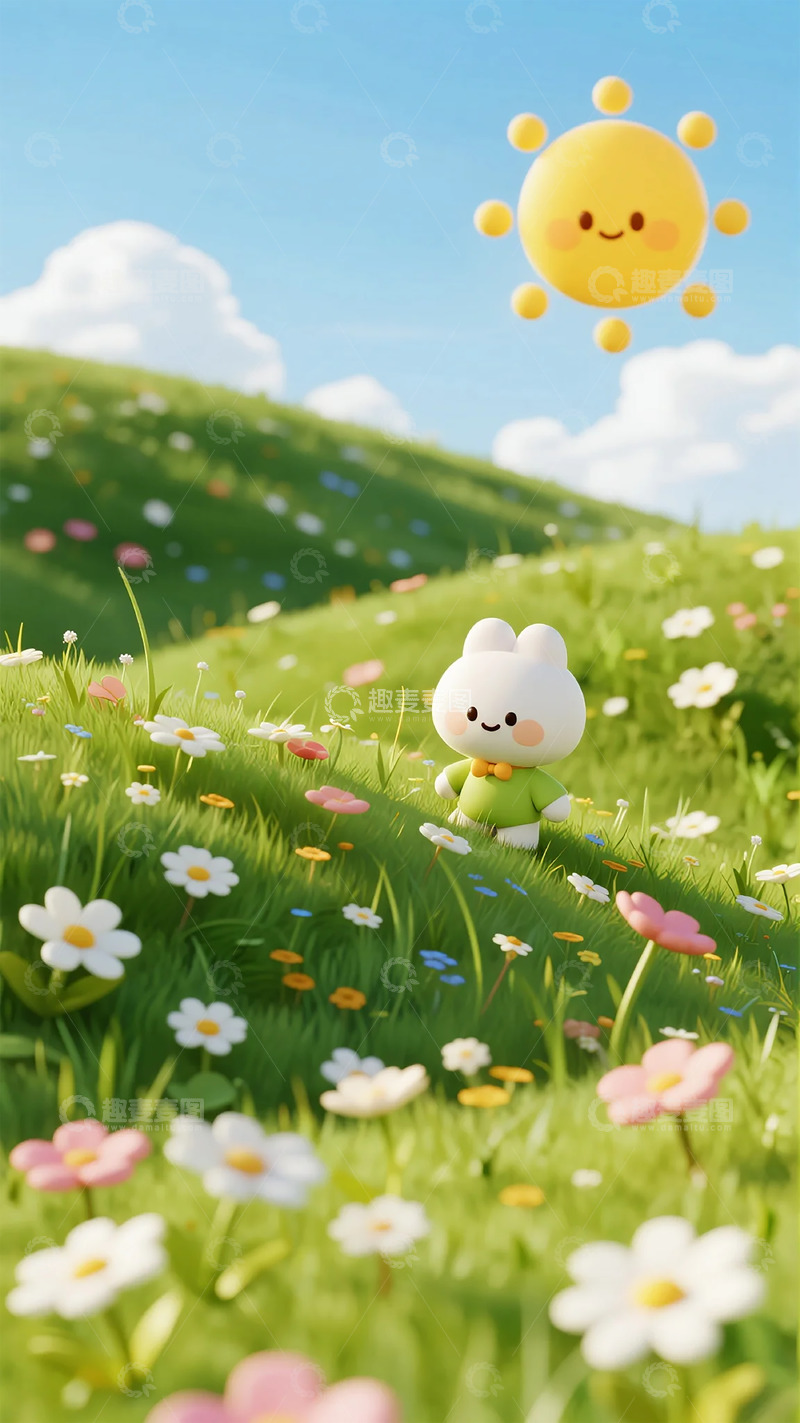 高清大图下载【趣麦麦图】-卡通草地兔兔风景图