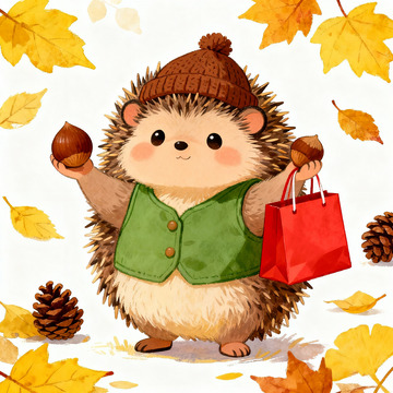 卡通刺猬秋日觅食插画