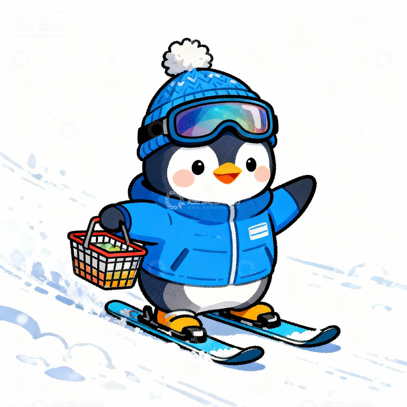 高清大图下载【趣麦麦图】卡通滑雪企鹅插画