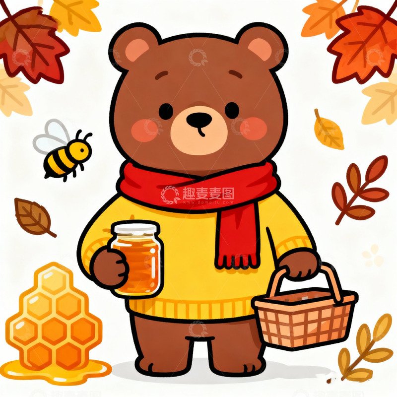 高清大图下载【趣麦麦图】秋日小熊蜂蜜插画素材