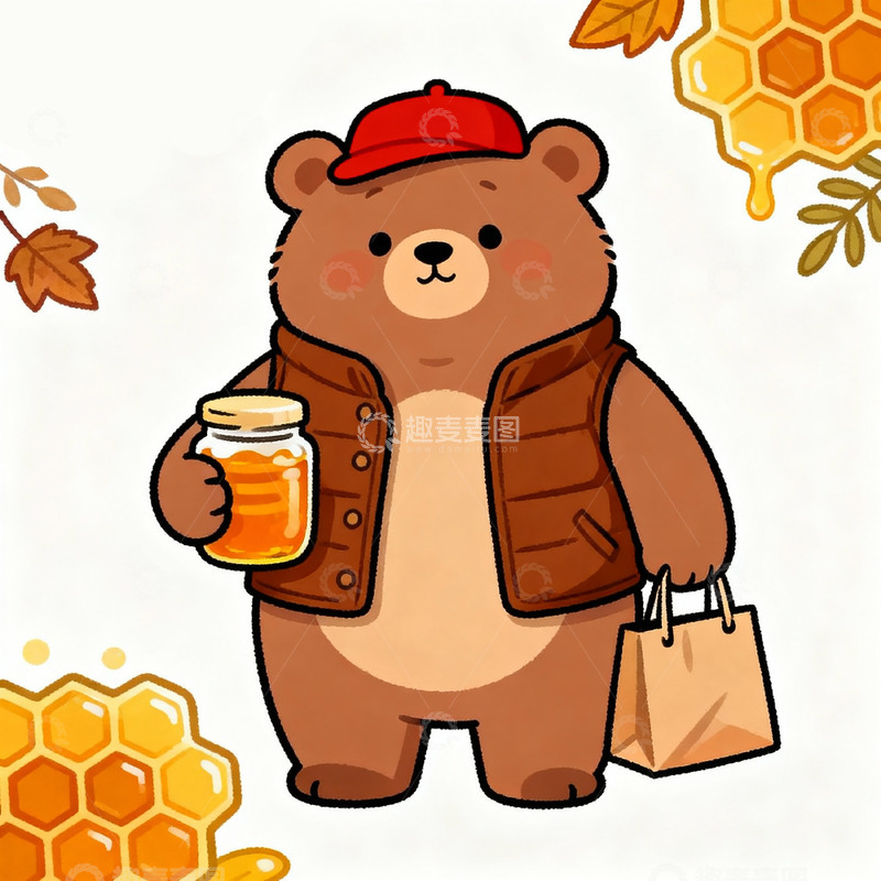 高清大图下载【趣麦麦图】卡通熊秋季蜂蜜购物插画