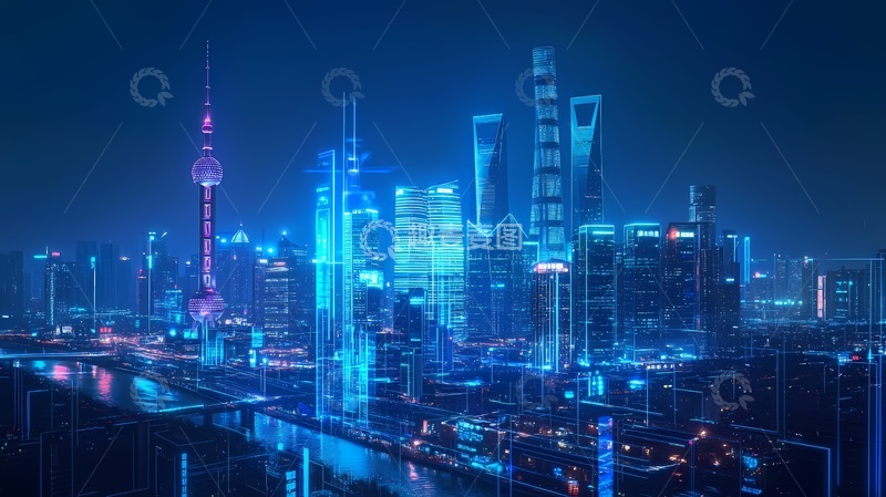 高清大图下载【趣麦麦图】未来科技城市夜景蓝色