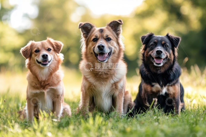 高清大图下载【趣麦麦图】坐在草坪上的三只小狗