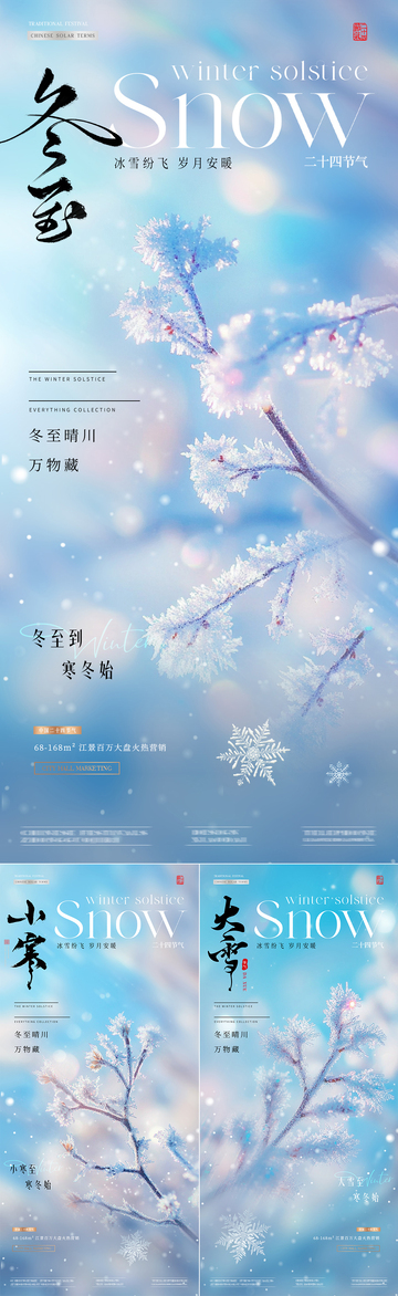 地产大雪冬至小寒树枝雪花节气海报