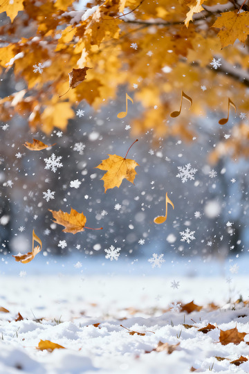 初冬落叶飘雪摄影