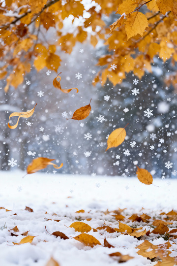 深秋落叶飘雪摄影