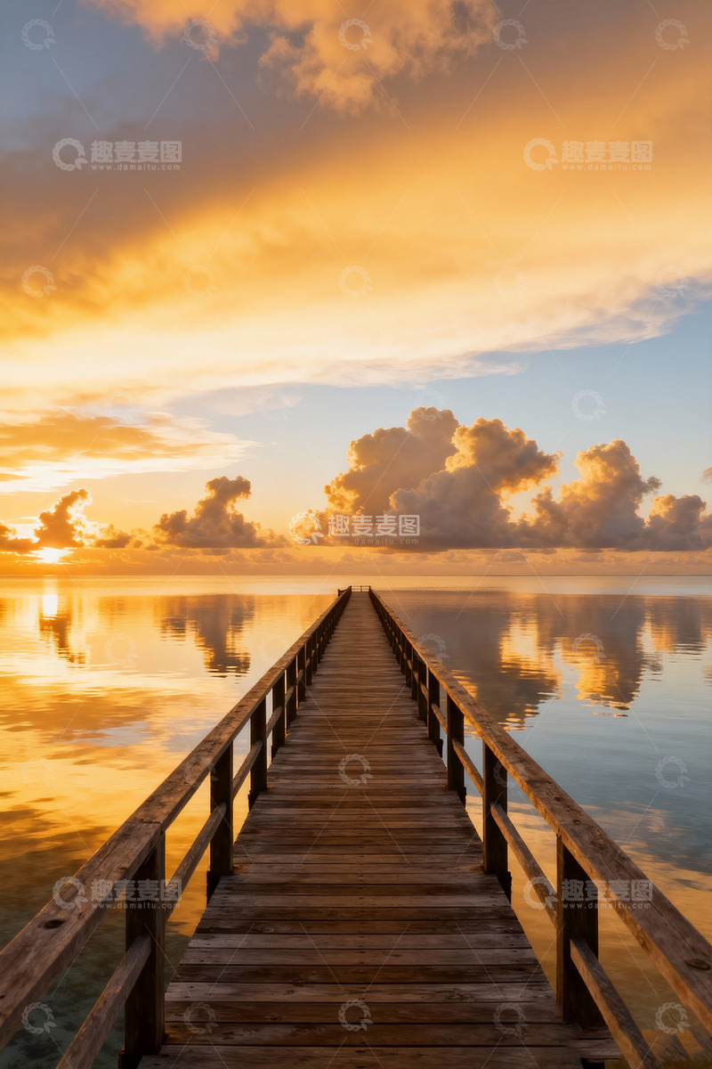 高清大图下载【趣麦麦图】平静海面木栈道2