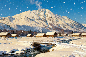 北国雪景高山小屋