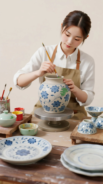 陶艺师绘制青花瓷瓶