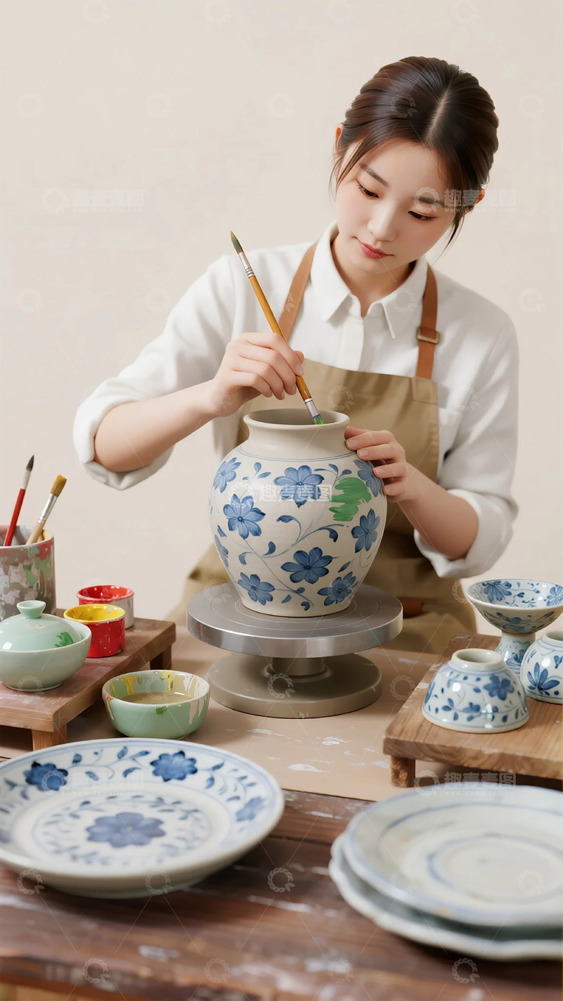 高清大图下载【趣麦麦图】-陶艺师绘制青花瓷瓶