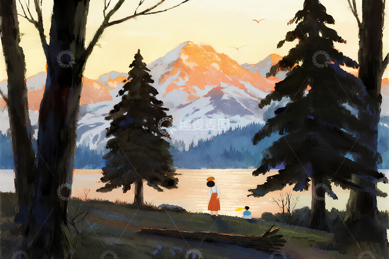 高清大图下载【趣麦麦图】深林雪山水彩晕染插画4