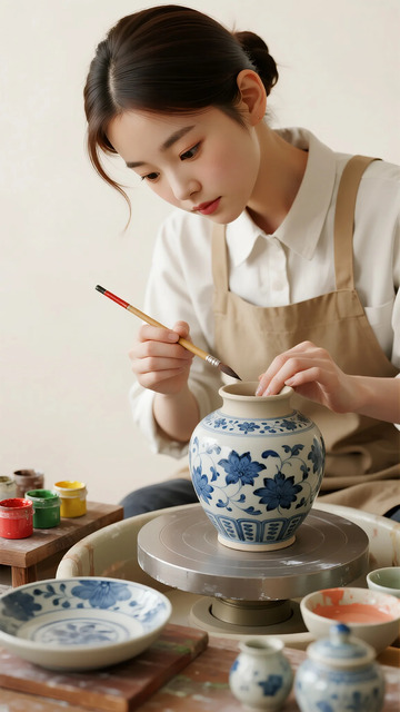 陶艺少女绘制青花瓷器