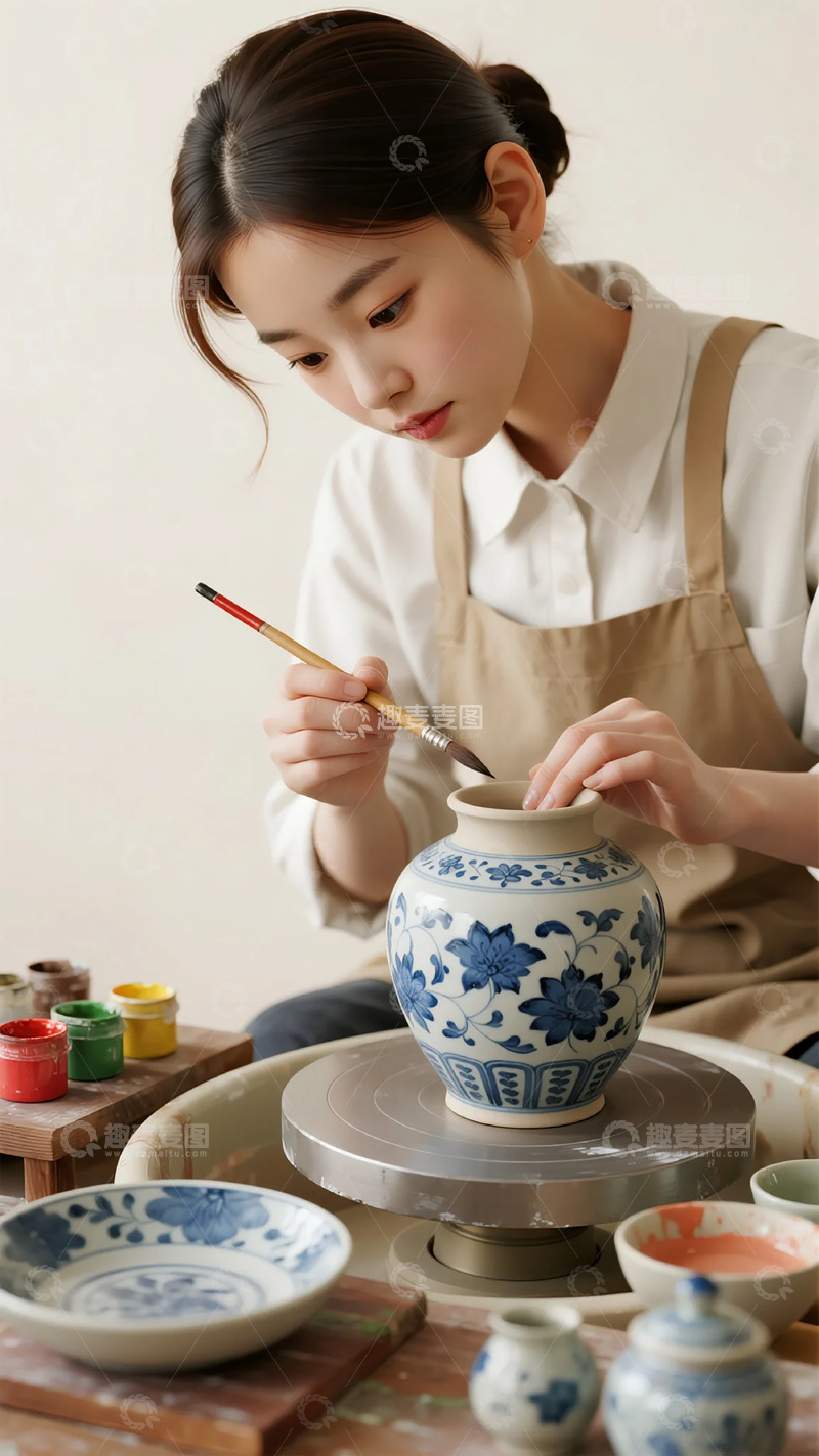 高清大图下载【趣麦麦图】-陶艺少女绘制青花瓷器