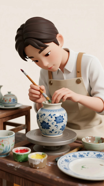 陶艺师创作青花瓷插画