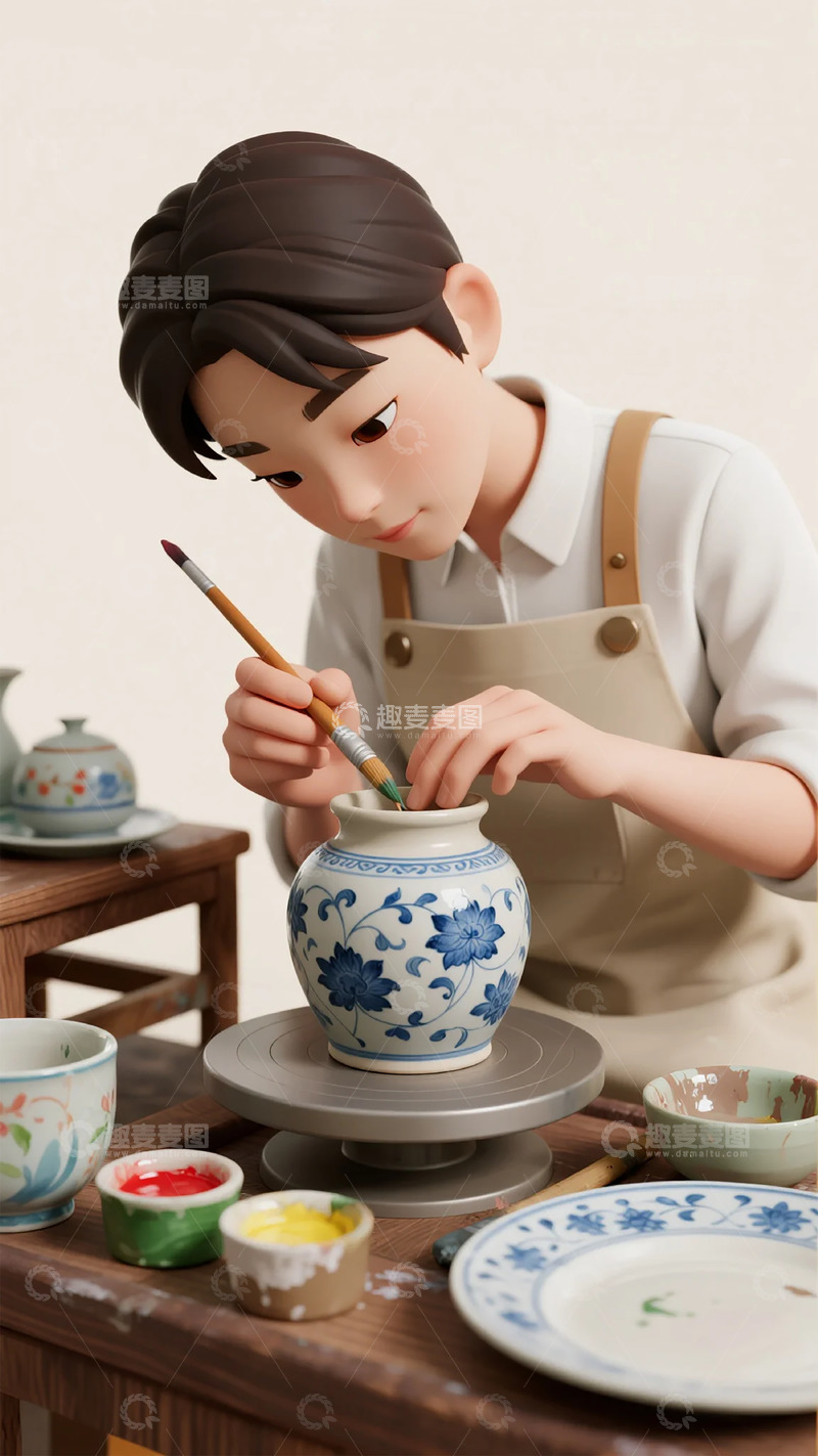 高清大图下载【趣麦麦图】-陶艺师创作青花瓷插画